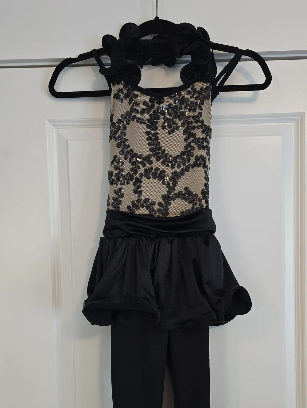 Curtain Call Tan and Black Sequin Catsuit with Peplum - Child Large